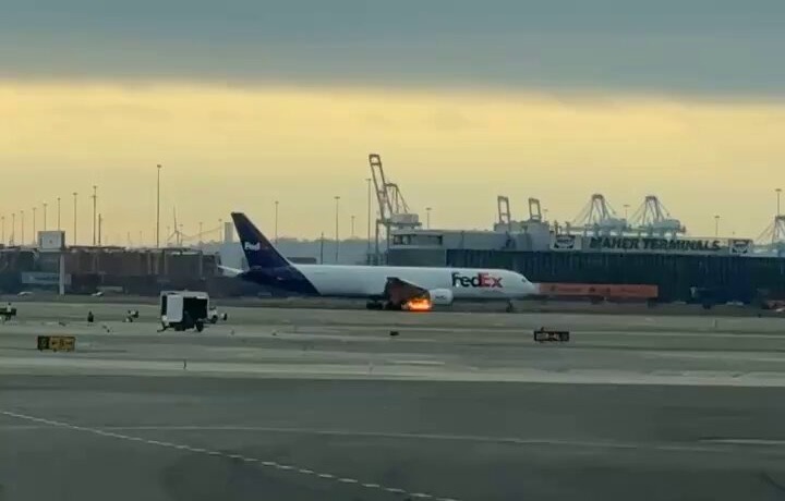 FedEx plane forced to make emergency landing after exploding into huge fireball during takeoff...